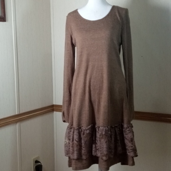 Pretty Angel Brown Long Sleeve Knit Dress with Lace Ruffle Hem Linen - Picture 3 of 8